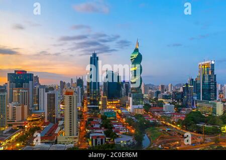 The skyline of Panama City with its skyscrapers in the financial district at sunset, Panama.