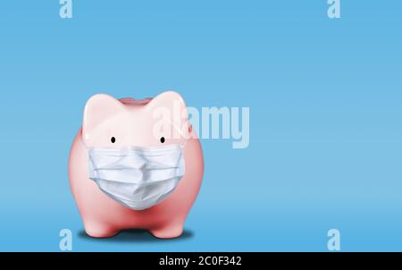 Pink piggy bank wearing medical face mask isolated on blue medical background with copy space. Stock Photo