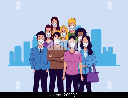 interracial people wearing medical masks characters vector illustration ...