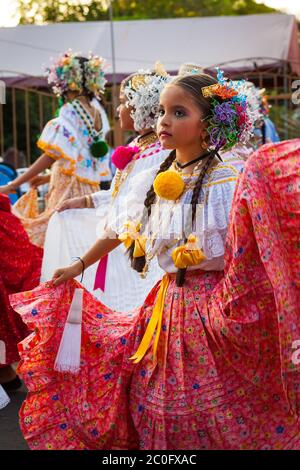 Girls dressed in polleras at the 'El Desfile de las Mil Polleras' (thousand polleras), Las Tablas, Los Santos province, Republic of Panama. Stock Photo