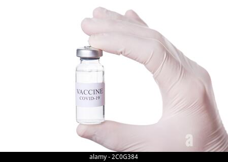 Coronavirus treatment concept. Close-up macro cropped photo of doctor holding a vial of COVID-19 water transparent vaccine  isolated on white backgrou Stock Photo