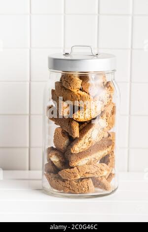 Sweet italian cantuccini cookies. Almonds biscuits in jar. Stock Photo