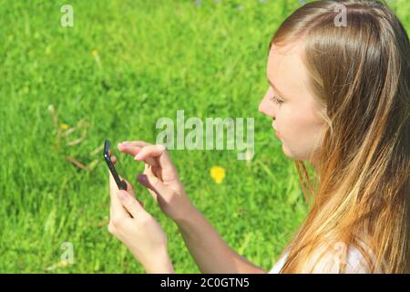 A young beautiful girl of European appearance in a white T-shirt with long blond hair sits on green grass, on the lawn with a mobile phone in her hands, flips through social networks, works in the phone. Stock Photo