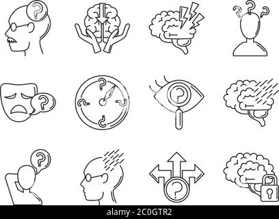 alzheimer disease, decrease in mental human ability icons set vector illustration line style Stock Vector