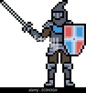Medieval knight with sword and shield pixel art. Retro video-game ...