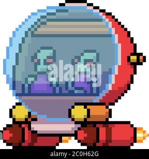 Vector illustration of old pixel art style Ufo space war game. Pixel  monsters and spaceship. Retro game, 8 bit game concept, trendy 90s style.  Stock Vector