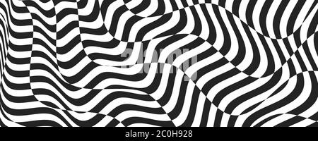 Opt illusion background. Optical illusion banner, distorted black and white lines. Vector illustration Stock Vector