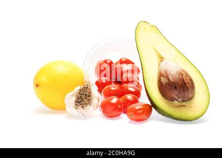 ingredients for homemade guacamole on white Stock Photo