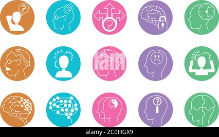 alzheimer disease, decrease in mental human ability icons set vector illustration line style Stock Vector