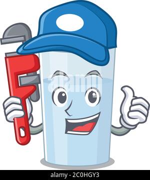 cartoon character design of glass of water as a Plumber with tool Stock Vector
