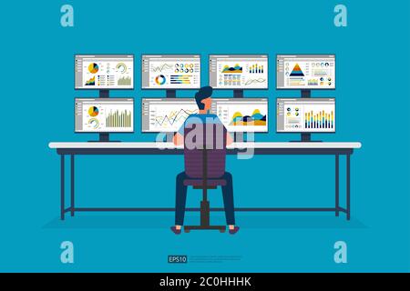 businessman sitting and monitoring stock market on screen PC. database information graph in data center room. analysis report statistics, investment, Stock Vector