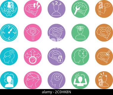 alzheimer disease, decrease in mental human ability icons set vector illustration line style Stock Vector