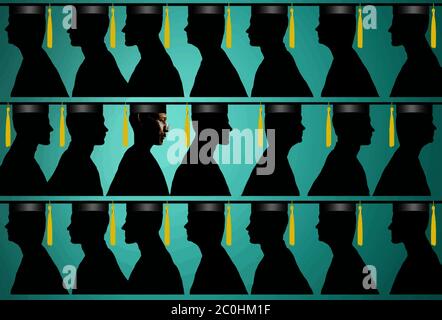 An African American man in cap and gown is lined up with other graduates in this illustration about advanced education for black Americans. Stock Vector