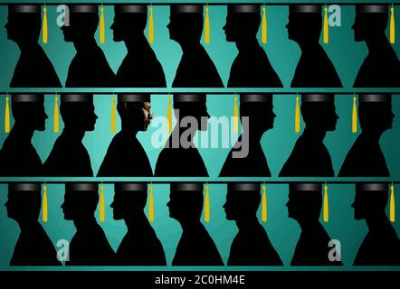 An African American man in cap and gown is lined up with other graduates in this illustration about advanced education for black Americans. Stock Vector