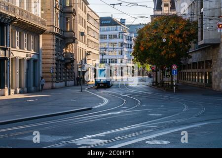 Zurich, Switzerland - October 7, 2018: Tram heading for the Paradeplatz, a landmark and famous tourist destination, on a sunny day in autumn. Stock Photo