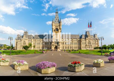 Iasi, Romania - June 09, 2020: Landscape with central square with Cultural Palace in Iasi, Moldavia, Romania