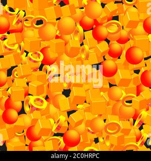 Golden Rings Balls Cubes Seamless Pattern on Black Stock Vector
