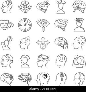 alzheimer disease, decrease in mental human ability icons set vector illustration line style Stock Vector
