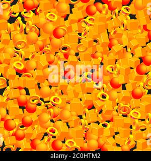 Golden Rings Balls Cubes Seamless Pattern on Black Stock Vector