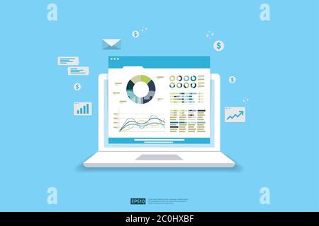 Web statistics analytic charts on laptop device screen. Flat vector infographic trend graphs information report concept for planning and accounting Stock Vector