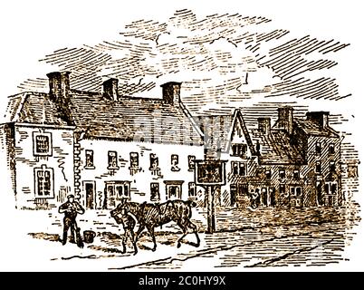 An old sketch of the Angel and Golden Lion Inns at Catterick, Yorkshire during the coaching era. two old coaching houses, both were still occupied as inns in 1889. Each Inn would keep   four pair of posters  but the head posting house was the George, and only one coach changed horses at each of the two inns at Catterick, the Telegraph stopping at the Angel, the Red Rover and its successors changed at the Golden Lion.  Mr. George Spedding, who was landlord of the Angel for around twenty-eight years,including  long after the coaching days were over. Stock Photo