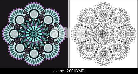 Coloring book template for adults and kids. Cute mandala cartoon vector flower Stock Vector