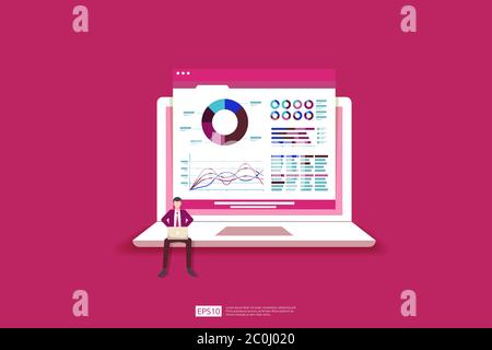 Monitoring and analysis report statistics, investment, website SEO screen PC monitor with tiny people concept. business people and stock market databa Stock Vector
