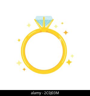 Golden ring with a diamond icon isolated on white background. Stock Vector