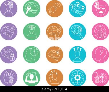 alzheimer disease, decrease in mental human ability icons set vector illustration line style Stock Vector