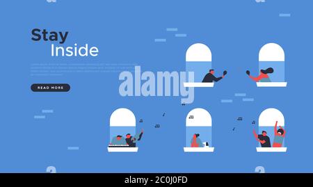 Stay inside landing page template with diverse people doing funny leisure activity together at house balcony window. Quarantine lifestyle web backgrou Stock Vector