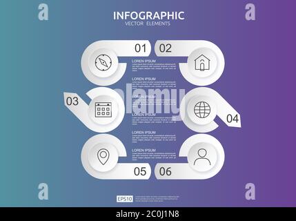 6 steps infographic. timeline design template with 3D paper label, integrated circles. Business concept with options. For content, diagram, flowchart Stock Vector