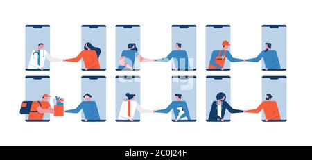 Online service worker people doing handshake through phone screen, web communication or consultation concept. Set of diverse professional workers incl Stock Vector