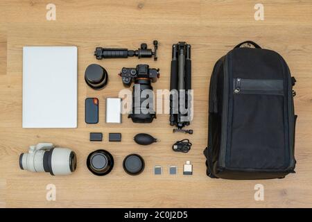 Top down view of photography gear Stock Photo