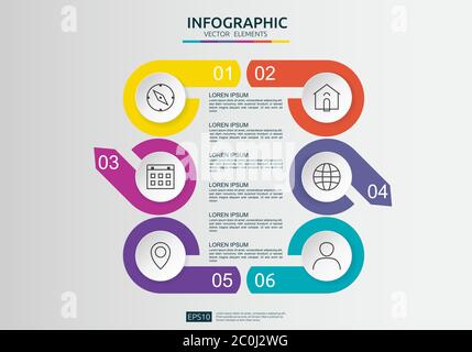 6 steps infographic. timeline design template with 3D paper label, integrated circles. Business concept with options. For content, diagram, flowchart Stock Vector