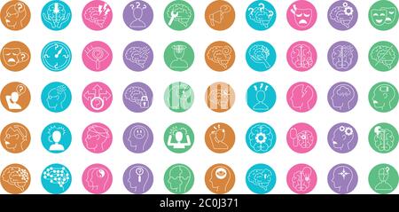 alzheimer disease, decrease in mental human ability icons set vector illustration line style Stock Vector