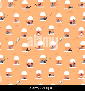 Seamless pattern of people inside house balcony window for social distancing or quarantine event concept. City lifestyle background with diverse men a Stock Vector
