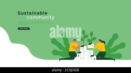 Sustainable community landing web page template with social concept of man and woman building green city together. Environment help or organic teamwor Stock Vector