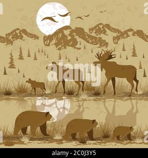 Landscape of Canada with mountains, forest and river, sunset. Bull moose and bears walk. Birds are flying. Vector seamless pattern. Monochromatic colo Stock Vector