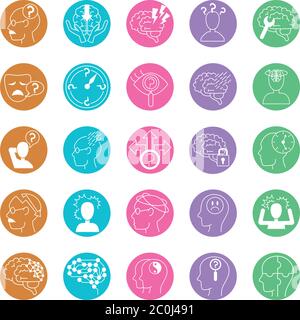 alzheimer disease, decrease in mental human ability icons set vector illustration line style Stock Vector