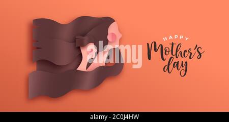 Happy Mother's day papercut greeting card illustration of realistic 3D paper craft mom with child together for mother love holiday. Stock Vector