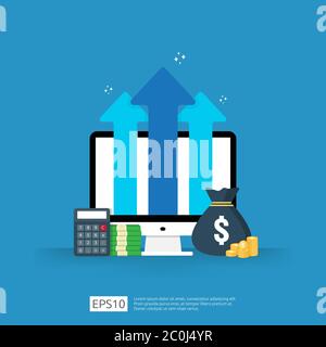 Finance performance of return on investment ROI concept with arrow. income salary rate increase. business profit growth margin revenue. cost sale icon Stock Vector