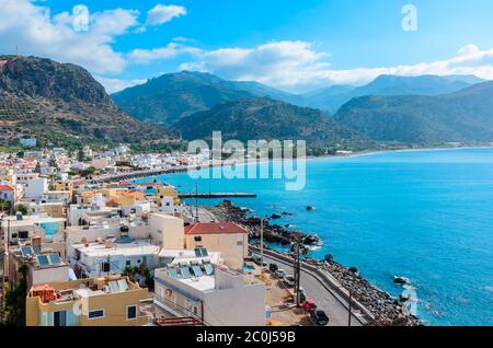 View from the top of the traditional seaside village of Paleochora. Stock Photo