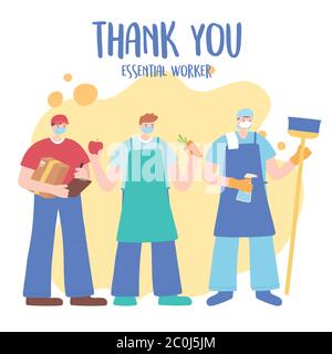 thank you essential workers concept, people with different uniforms, wearing face masks, various occupations, coronavirus covid 19 disease vector illustration Stock Vector