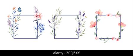 Floral watercolor frame set on isolated white background. Traditional vintage style hand drawn flowers with garden bees and butterfly for product pres Stock Vector