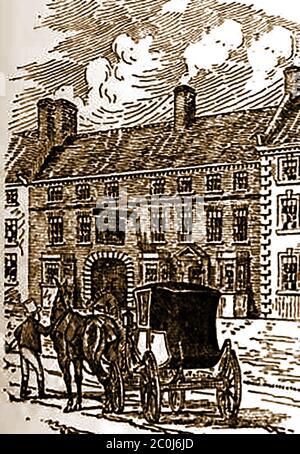 An old sketch of the Black Bull Inn, Northallerton, Yorkshire during the coaching era. The old Black Bull, was later reduced in size and part of it became  a drapery establish It was kept by Mr. Robert Smith, who used to horse the Mails, and had probably been in the hands of the Smith family for generations.Mr. Smith was keeping the house when the first Mail coach ran into Northallerton Stock Photo