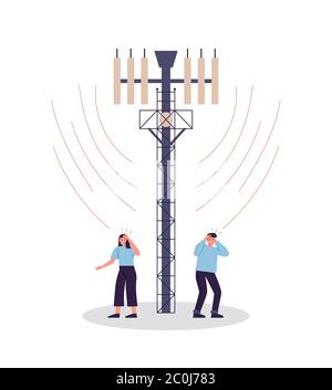 Dangerous 5G tower radiation illustration on isolated white background for health risk concept. Sad man and woman with head ache, harmful mobile data Stock Vector