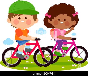 Children riding their bicycles at the park. Vector illustration Stock ...
