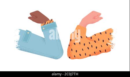 Elbow bump greeting on isolated white background for social distancing or health protection concept. Modern young people in trendy clothing bumping el Stock Vector