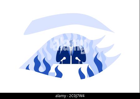 Evil politician concept, human eye seeing true business man intentions. Greedy president or corporate boss. Bad corrupt male character on isolated whi Stock Vector