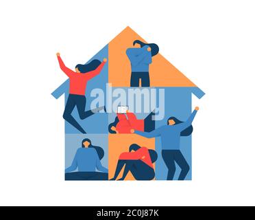 Young woman doing different home activities in self quarantine, includes leisure activity, reading book, yoga exercise and sad emotion. Stock Vector